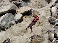 Anne braving a Karakorum river crossing. Photo: John Arran